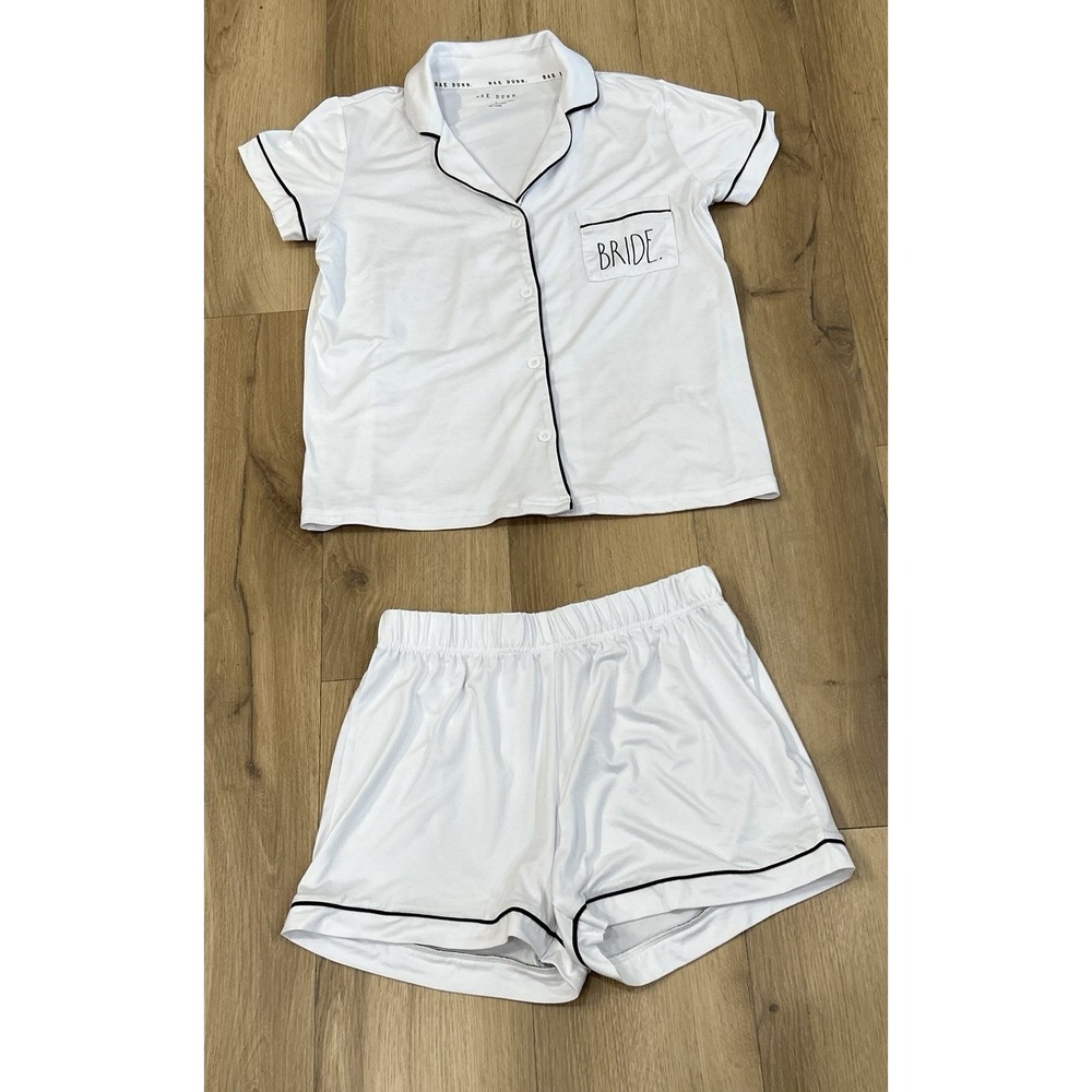 RAE DUNN Womens Pajama Set White Bride Short Sleeve Blouse/Shorts Stretch Small